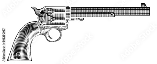 Western Cowboy Gun Pistol Revolver Woodcut Style