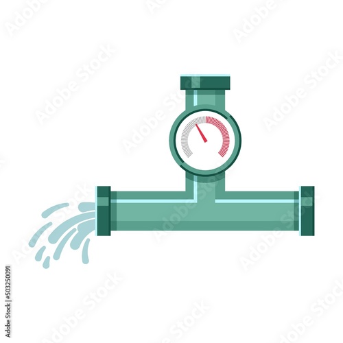 Broken metal pipe drainer with leakage of water. Vector illustration of industrial pipelines with leaks. Cartoon tap, pressure meter isolated on white