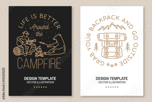 Life is better around the campfire. Vector. Set of Line art flyer, brochure, banner, poster with campfire, bear, man with guitar, backpack and mountains.
