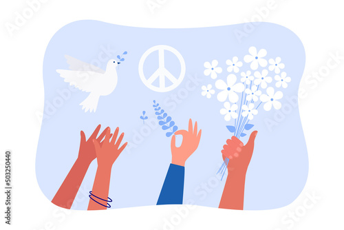 Bouquet of white flowers, olive branch, white dove in hands. Flying peace pigeon, peace symbol on blue background flat vector illustration. Freedom, hope, demonstration, protest concept