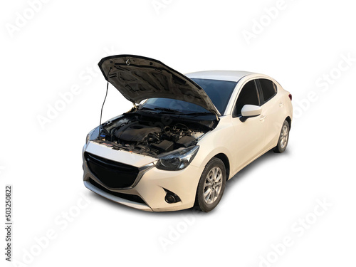 white car open hood on a white background,with clipping path,Indicates the abnormality of the engine or for cooling from use