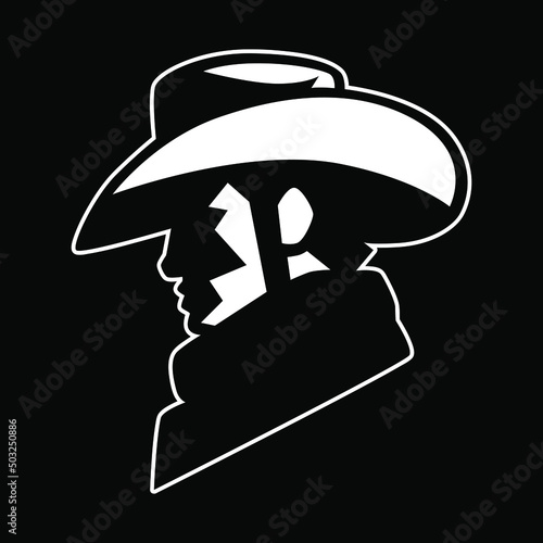 Cowboy portrait side view symbol on black backdrop. Design element