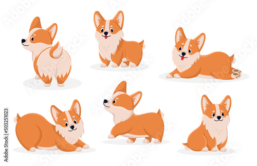 Cute corgi comic characters set. Vector illustrations of funny dog with friendly emotions. Cartoon front, side and back view of playing puppy isolated white. Animal companion, happy pet concept