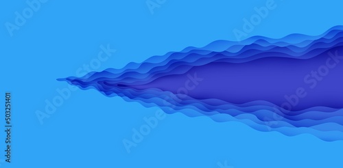 Wavy border in paper cut style. 3d abstract background with cut out deep waves modern cover. Blue color layers with smooth shadow papercut art. Vector card illustration origami environment template.