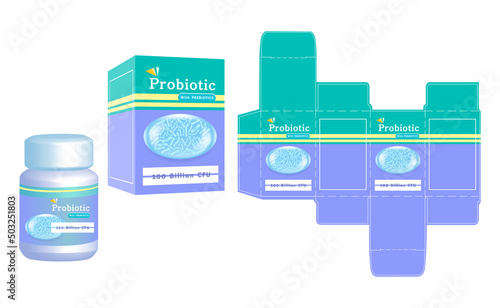 Packaging design, Label on dietary supplement container with probiotic concept box template and mockup box, illustration vector.