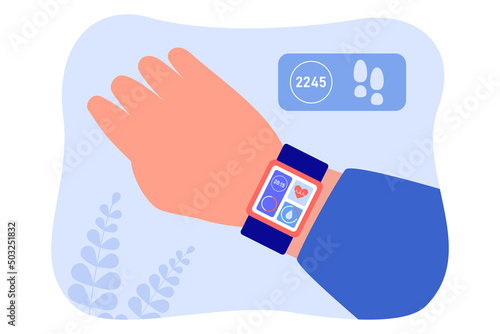 Smart watch on wrist of person showing time, pulse and pedometer. Monitoring health and number of steps per day flat vector illustration. Technology, healthy lifestyle concept for banner, landing page