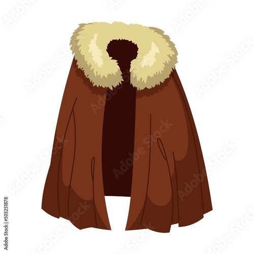 Cloak of magic character with fur collar. Vector illustration of clothes flying on wind. Cartoon Dracula cloak, superhero cape with hood isolated on white