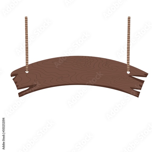 Hand drawn empty wooden sign hanging on a rope. Vector illustration on white background. 