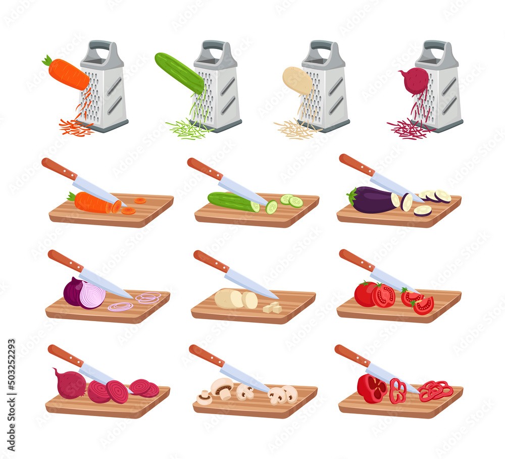 Grating and cutting vegetables on board cartoon illustration set. Preparing  ingredients for salad, making healthy dinner, cutting mushrooms, tomatoes,  potatoes, carrots, onions. Food, vitamin concept Stock Vector | Adobe Stock