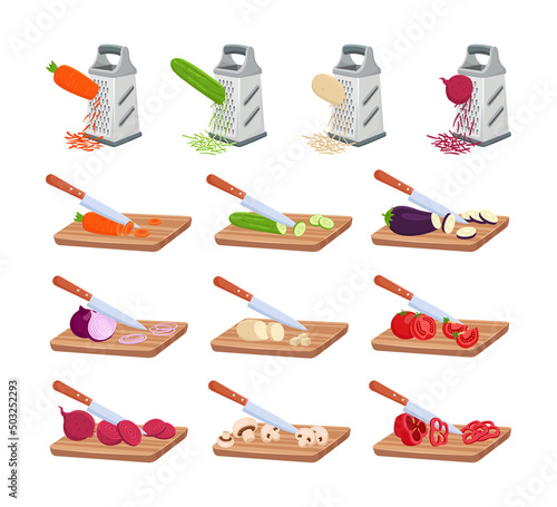 Grating and cutting vegetables on board cartoon illustration set. Preparing ingredients for salad, making healthy dinner, cutting mushrooms, tomatoes, potatoes, carrots, onions. Food, vitamin concept