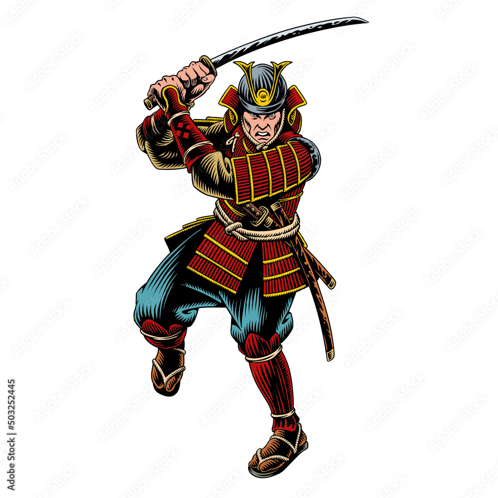 Samurai in ancient armor attacks, japanese warrior with katana sword isolated on white background. Vector illustration. Samurai in ancient armor attacks, japanese warrior with katana sword isolated on white background. Vector illustration.