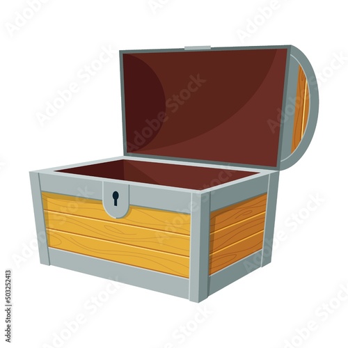 open chest for treasure. Open empty wood box with metal frames. Cartoon ancient container for pirates isolated on white. Game UI, toy concept