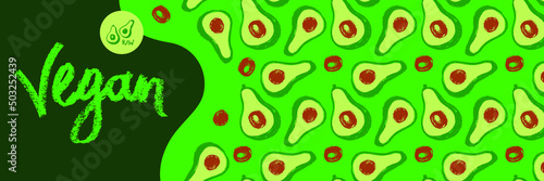 Vector avocado pattern seamless. Avocados decoration for oil label, packaging design. Vegetarian background.  Avocados backdrop. Ornament with drawings of vegetables. Green vegan wallpaper for banner.