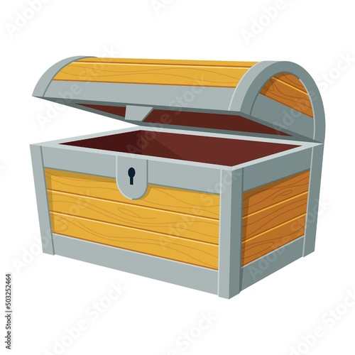 half open chest for gold and treasure. Vector illustrations of open and closed empty wood box with metal frames. Cartoon ancient container for pirates isolated on white. Game UI, toy concept