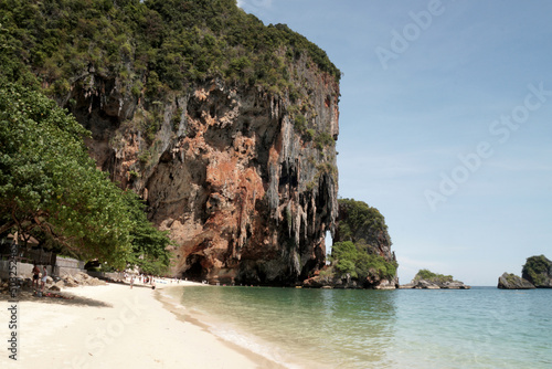 Landscape Railay Phranang Beach white sand and blue sea with limestone in Railay Ao nang Krabi Thailand - sunny day summer 