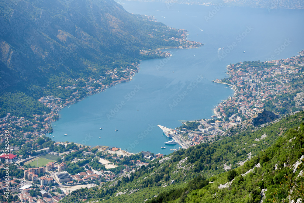 Aerial view of the Bay of Kotor in summer