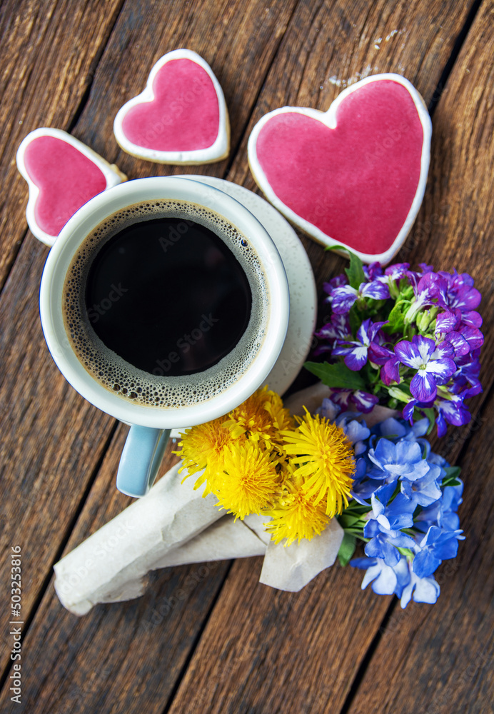 yellow flowers and blue  flower background in the colors of the Ukrainian flag, 	
 cup of coffee and cookies heart, holiday breakfast composition Greeting Card	