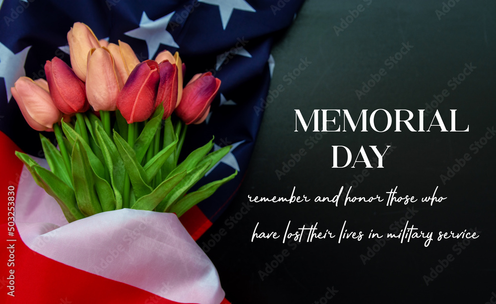 American flag and a poppy flowers with Memorial Day Remember and Honor text background - obrazy, fototapety, plakaty 