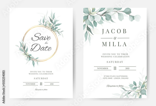 Wedding invitation card greenery watercolor leaf and branch with gold circle frame template set 