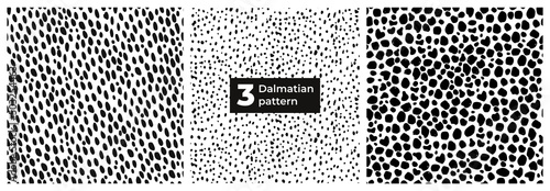A set of seamless Dalmatian animal fur prints. Animal skin pattern. Stained background. Vector illustration. Random bovine spots hand-drawn. Texture banner with farm animals.