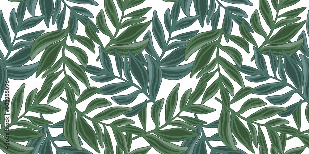 Naklejka premium Tropical vector pattern, palm leaves seamless. Abstract jungle leaf seamless pattern on white background. Botanical floral banner. Exotic plant backdrop.