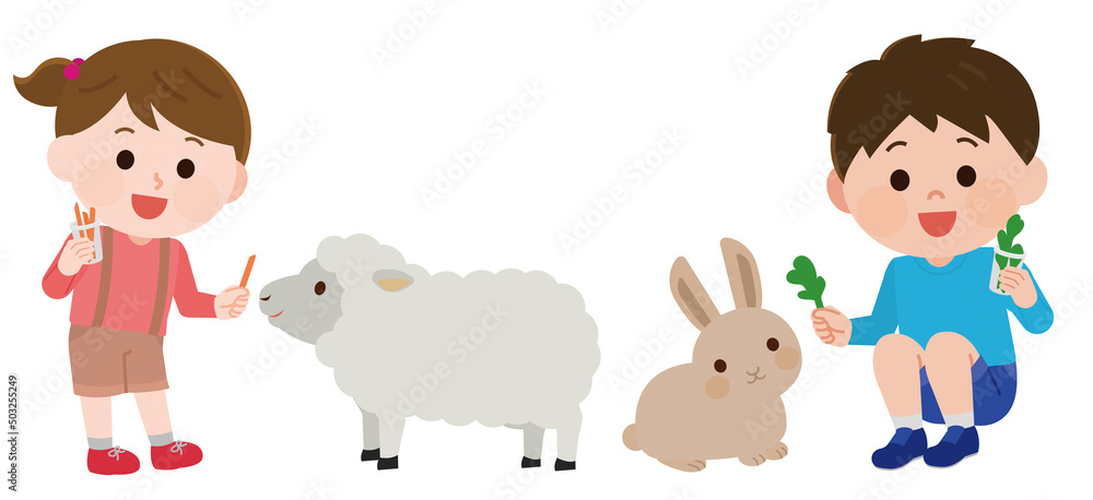 ふれあい動物園 動物とふれあう男の子と女の子 イラスト ふれあい動物園 動物とふれあう男の子と女の子 イラスト