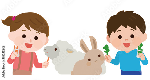 ふれあい動物園　動物とふれあう男の子と女の子 上半身 イラスト