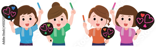 コンサートで推し活を楽しそうにする若い女性 両側 イラスト
