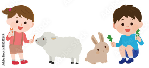ふれあい動物園　動物とふれあう男の子と女の子　イラスト