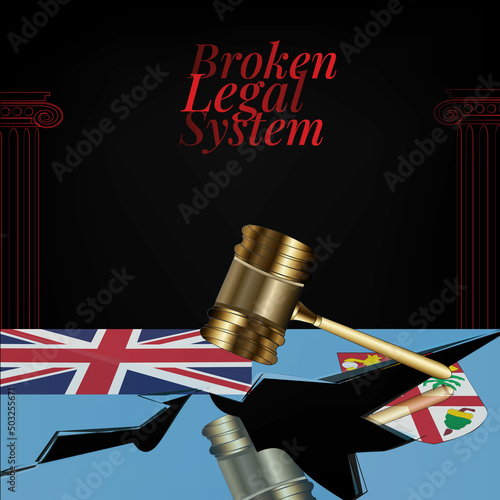 Fiji's broken legal system concept art.Flag of Fiji and a gavel