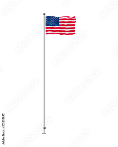 Flying flag of USA vector illustration. Waving US American flag on metal pole isolated on white background