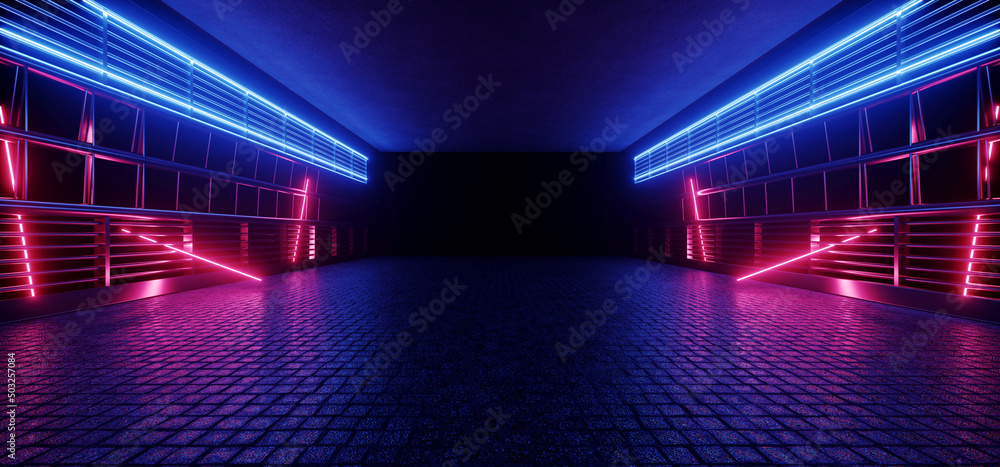 Sci Fi Futuristic Garage Purple Blue Neon Laser Retro Modern Spaceship Studio Showroom Gallery Concrete Asphalt Hangar Tunnel Corridor 3D Rendering - obrazy, fototapety, plakaty 