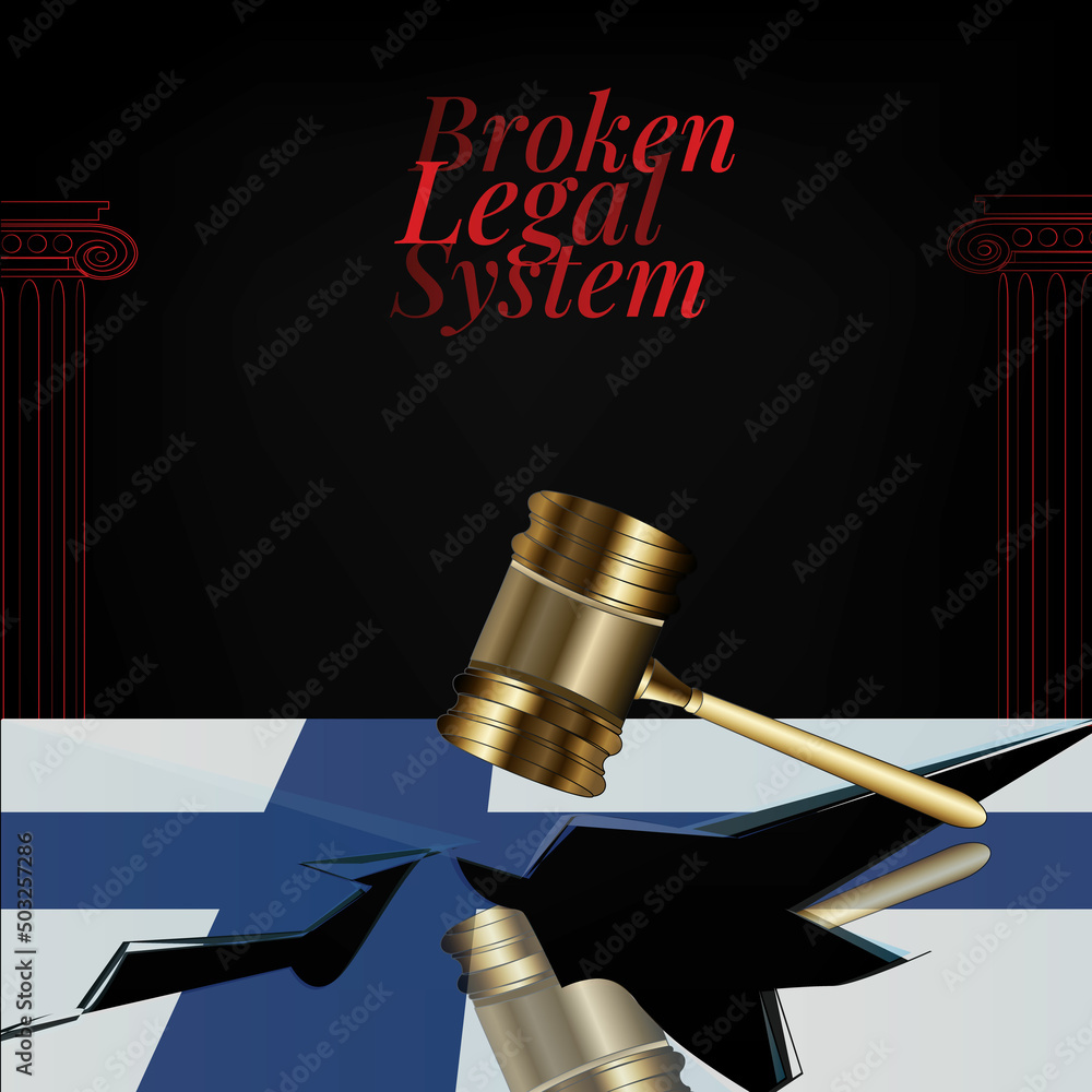 Finland's broken legal system concept art.Flag of Finland and a gavel