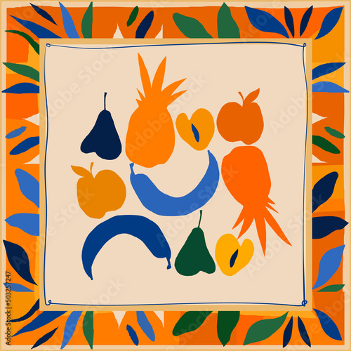 Scarf modern design with colorful cute fruits illustration. Cartoon abstract style design.