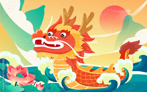 Dragon boat race on the water during the Dragon Boat Festival with mountains and waves in the background, vector illustration