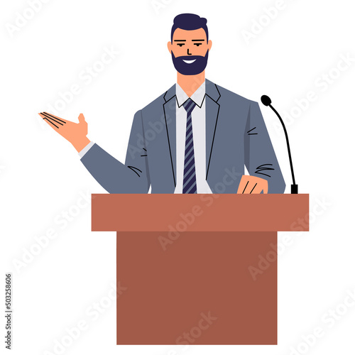 A young man in a suit behind the podium during a performance. Smiling leader, politician, lecturer speaks publicly. Businessman presentation. Flat vector isolated on white background.