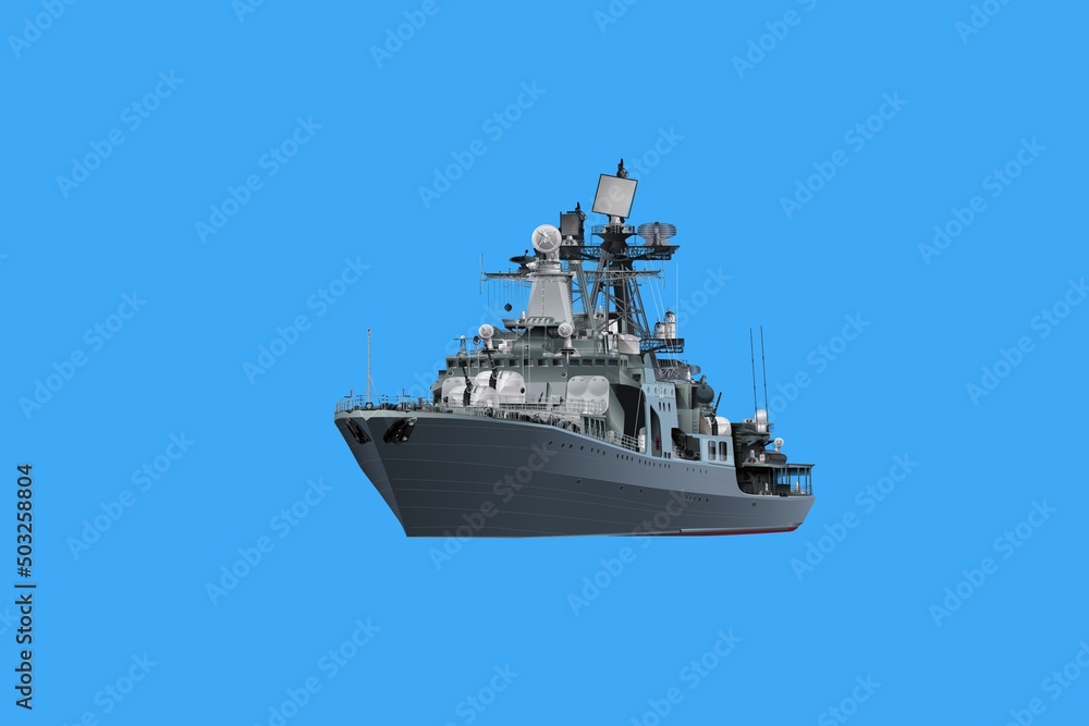 3d realistic military ship. Model warship. Side view and top. 3D. Camouflage military flagship. Vector illustration