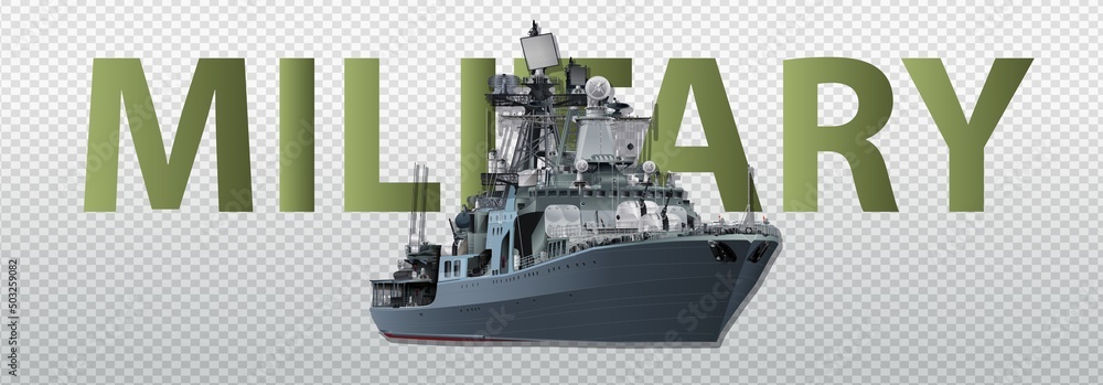 3d realistic military ship. Model warship. Side view and top. 3D. Camouflage military flagship. Vector illustration - obrazy, fototapety, plakaty 
