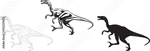 velociraptor, dinosaur realistic image, vector, positions, illustration, black and white, silhouette, logo, trademark, chevron
for decoration and design, packaging and posters