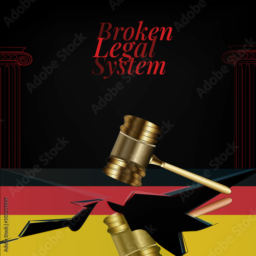 Germany's broken legal system concept art.Flag of Germany and a gavel