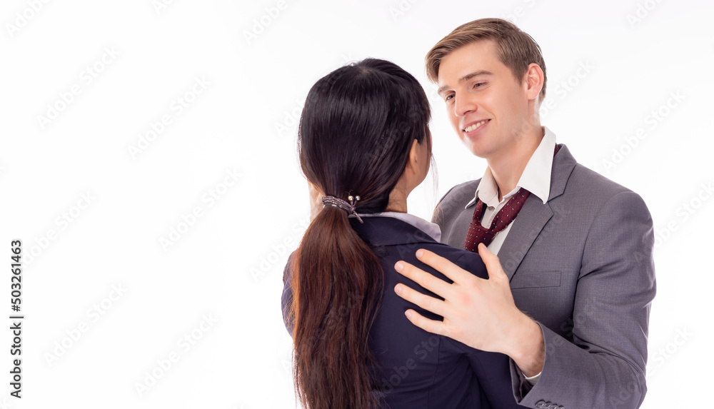 Romance young business people get in love each other Business couple are dating and embracing each other Husband encorage his wife and wife encourage husban Isolated on white background and copy space Romance young business people get in love each other Business couple are dating and embracing each other Husband encorage his wife and wife encourage husban Isolated on white background and copy space