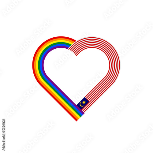 unity concept. heart ribbon icon of rainbow and malaysia flags. vector illustration isolated on white background