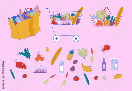 Groceries in the pacages and basket