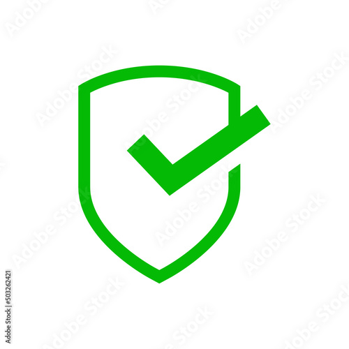 Logo control de seguridad. Icono con marca de verificación en escudo con líneas en color verde