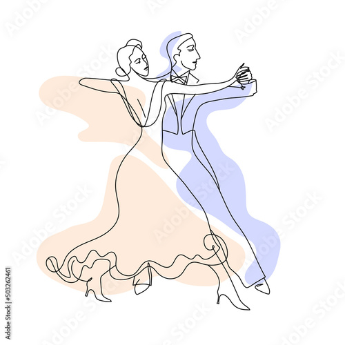 Ballroom dancers. Professional dancing couple. Waltz. One line drawing. Hand drawn. 