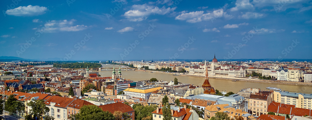 Budapest, panoramic view of the city, Fisherman`s Bastion, castle, Danube, Hungary