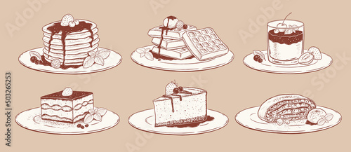 Vector illustration set of desserts on plates photo