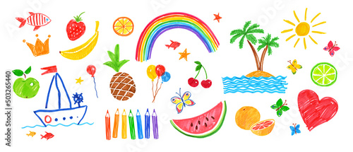 Set of summer vacation child drawings