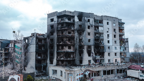 War in Ukraine, Borodyanka, almost destroyed apartment building, destroyed and burned apartments, drone view, aerial photography