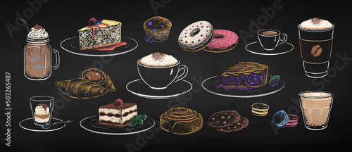 Chalk drawn vector set of coffee cups and desserts